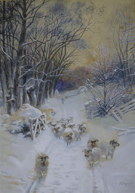 A. Smys after Joseph Farquaharson?, watercolour, winter scene with sheep on a track, signed and dated, 25 x 18cm